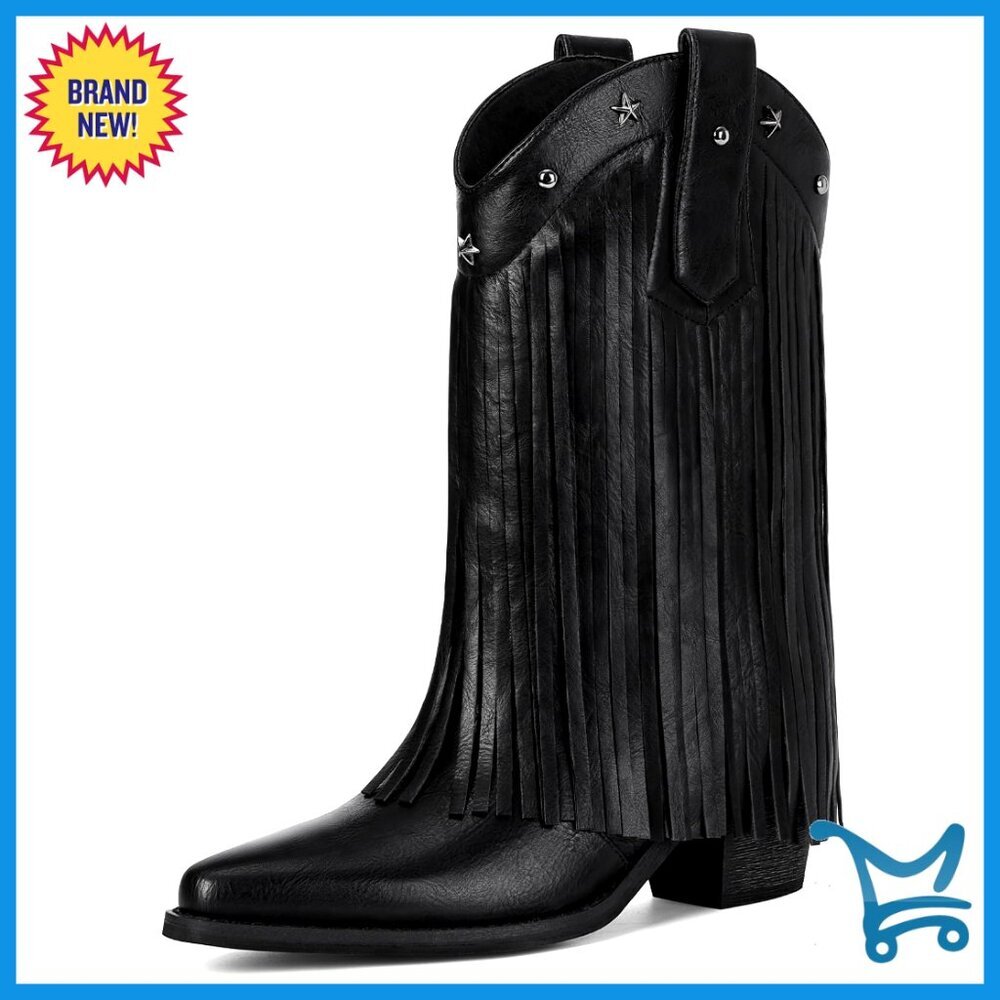 Fringe Cowboy Boots with Star Studs, Pointed Toe, Chunky Heel